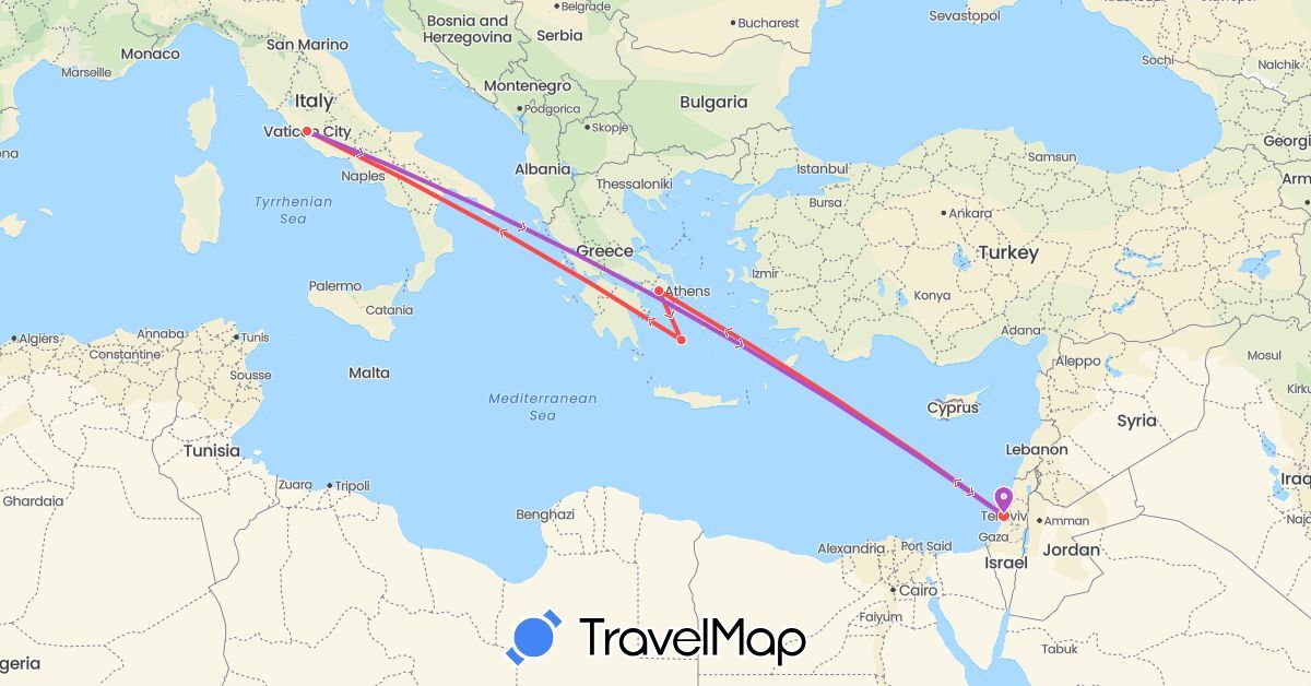 TravelMap itinerary: driving, train, hiking in Greece, Israel, Italy, Vatican City (Asia, Europe)